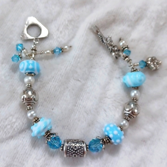 Ivana DiVia Blue Sterling  Silver 925 Beaded Charm Bracelet 8 Inch - Picture 1 of 10